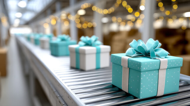 Gifts on a warehouse conveyor. Brightly wrapped gifts travel down a conveyor belt in a busy warehouse during the holiday season.