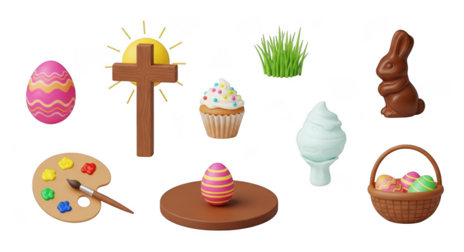 Collection of cleaning supplies including spray bottles brushes dustpan broom and trash bag isolated on transparent background