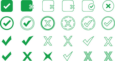 Hand drawn check marks and crosses green set