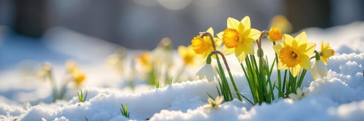 Obraz premium A vibrant close-up of blooming daffodils, crocuses, and snowdrops pushing through melting snow, signifying the arrival of spring and new beginnings , garden, detail