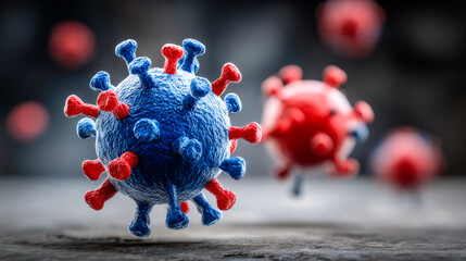 Detailed colorful virus image. Close-up of virus particles showcases blue and red spikes, highlighting their structure against a blurred background.