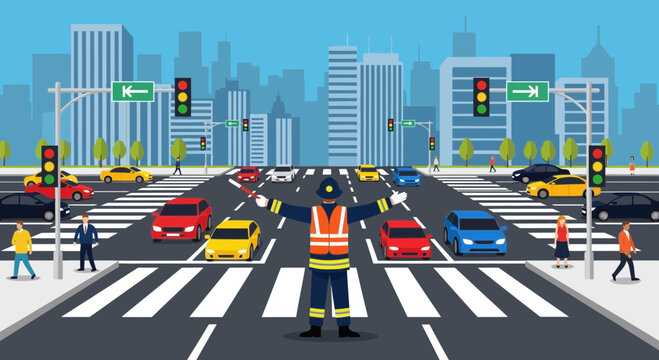 Busy city intersection scene with traffic controller and pedestrian crossings