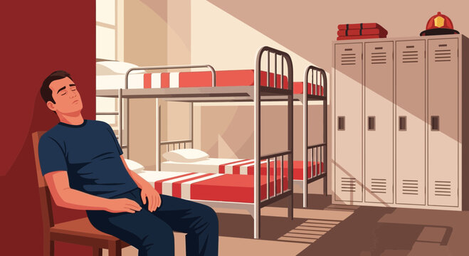 Tired firefighter resting in the fire station dormitory after responding to calls