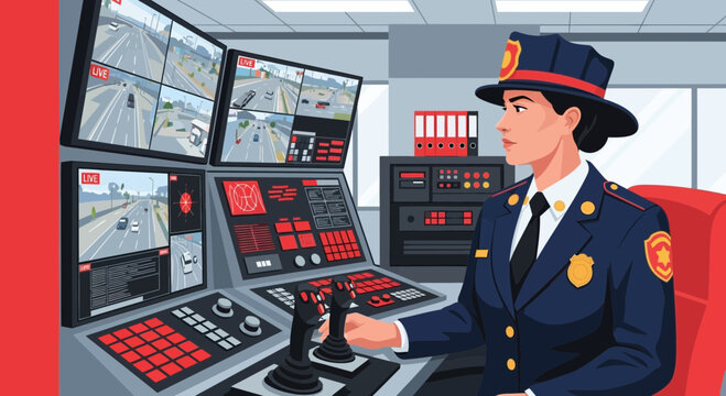 Female traffic controller monitors roadway cameras in modern control center