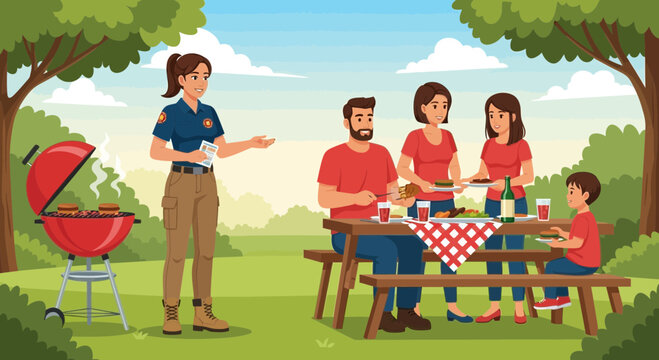 Family picnic observed by a park ranger ensuring compliance with regulations