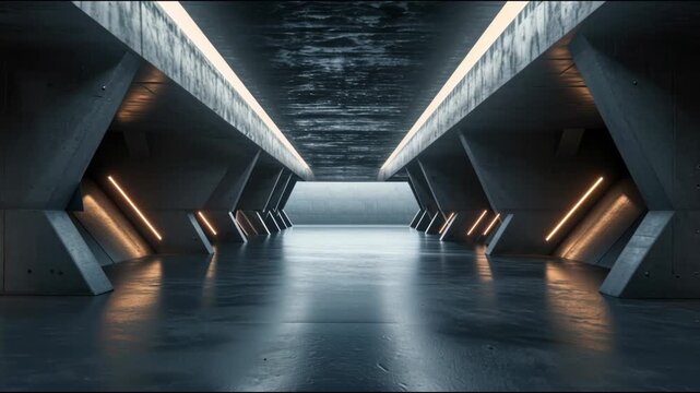 Futuristic garage hall with concrete walls and led light, inside dark warehouse or room of modern building. Concept of future, sci-fi interior