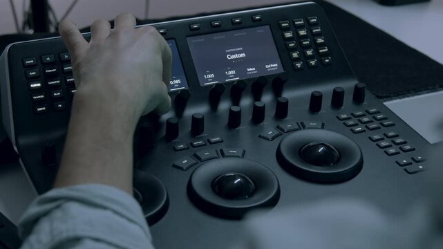 Color grading process in a studio, showcasing a hand adjusting controls on a sophisticated color correction panel, with a gradual zoom in revealing intricate details of the equipment