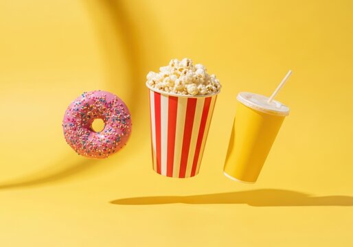 A vibrant still life captures a pink frosted donut striped popcorn bucket and yellow drink against a bright yellow background evoking a sense of fun and indulgence
