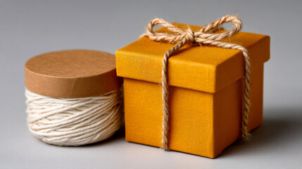 Unique gift wrapping ideas. A small yellow gift box tied with twine sits next to a spool of string. Ideal for celebration or DIY projects.