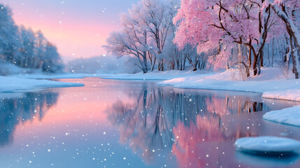Cherry trees by snowy river. Snow falls gently on a serene river, surrounded by pink cherry trees under a pastel sky at dusk.