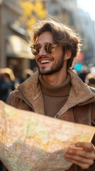 A happy young man with sunglasses is smiling brightly while holding a paper map, exploring a sunny city street.