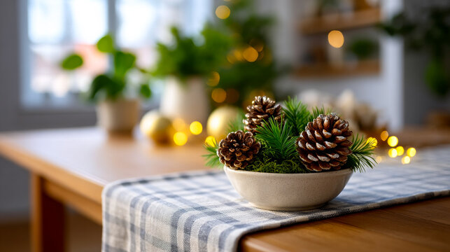 Pine cone winter centerpiece. A cozy table setting features a bowl of pine cones and greenery, enhanced by warm lights and natural decor.