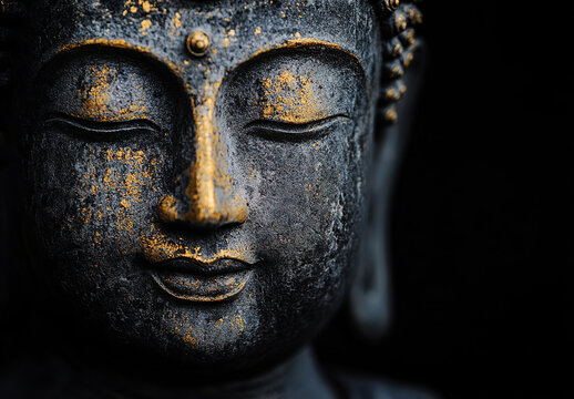  Copper buddha statue on black background, a buda in horizontal layout banner with copy space, generative ai