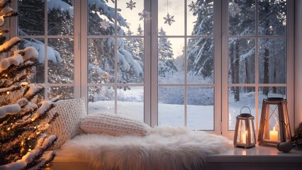 Cozy winter window scene with snow-covered trees and warm candlelight invites peaceful reflection this holiday season, creating a comforting atmosphere