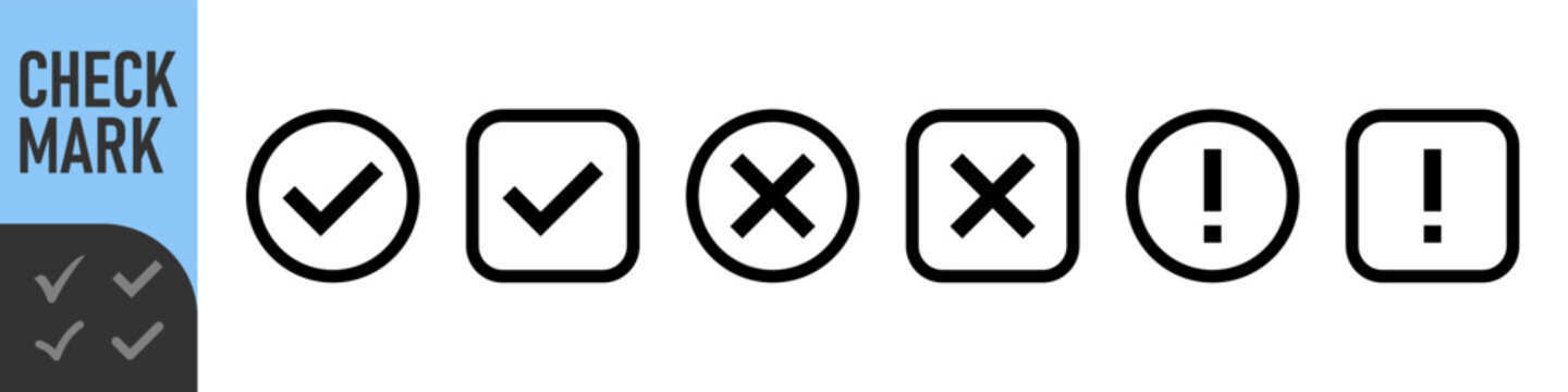 Black tick black cross vector icons. Tick and cross marks. Accepted, rejected, approved, disapproved, right, wrong, correct, false symbols. Checkbox and cross, thin line icons. Check and wrong marks