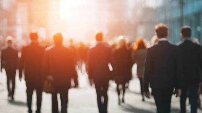Busy Urban Crowd Walking in a Modern City Street with Warm Sunset Light Morning Rush