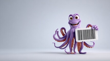 Eyes and Tentacles Celebrate Retail With a Quirky Octopus Mascot Holding a Shopping Barcode Icon on a Smooth Gradient Backdrop