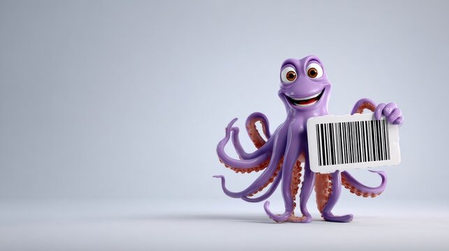 Eyes and Tentacles Celebrate Retail With a Quirky Octopus Mascot Holding a Shopping Barcode Icon on a Smooth Gradient Backdrop
