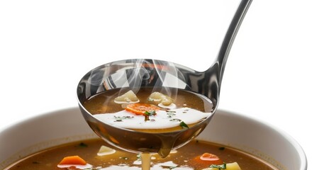 Soup in ladle with steam on white background, concept of copy space  