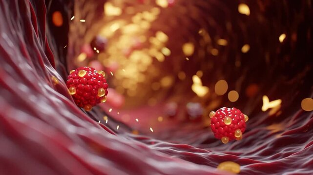 Microscopic 3D rendering of fat cells flowing through a blood vessel, surrounded by glowing particles, depicting biological and metabolic processes in the human body.
