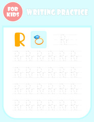 Letter R tracing. Worksheet for children, writing practice page. English alphabet handwriting study.
