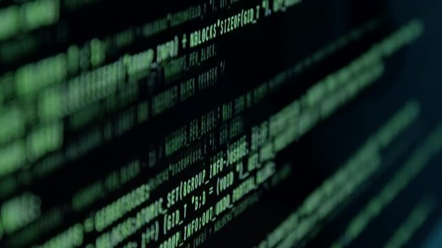Close-up of flowing green code on a dark screen, showcasing intricate programming details, with a gradual zoom in to emphasize complexity and technology in action