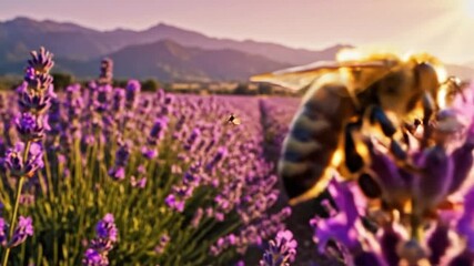 Bee on lavender flower at sunset