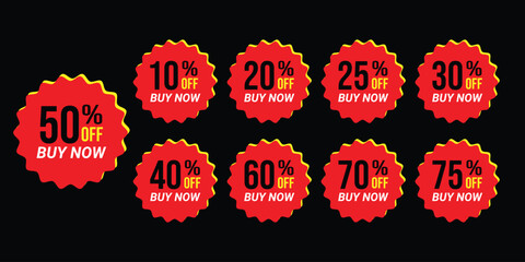 Red Sale Tags, Discount Labels Set for Promotion, Vector Sale Badges, Special Offer Tags 50%, 10%, 20%, 30%, 25%, 40%, 60%, 70%, 75% Off Hot Deal Stamp Icons