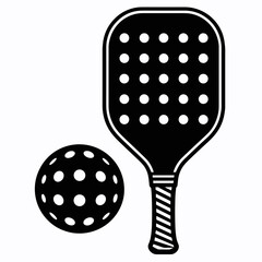 Pickleball paddle and ball in minimalist silhouette style, black monochrome, sport equipment illustration