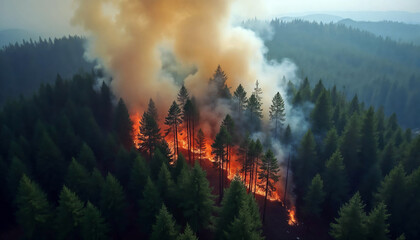 Massive forest fire with thick smoke and flames spreading among pine trees in mountainous landscape for emergency, climate change, and wildfire awareness