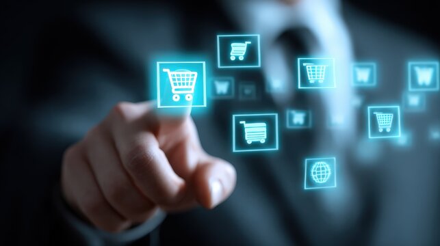 Business professional interacts with glowing digital interface displaying various shopping cart icons