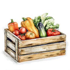 Watercolor_style_painting_of_a_wooden_crate_with_vegetabels set collection, Hand-painted style, vectorized, vector set available in EPS, plants