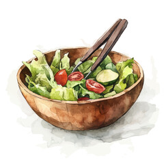 a_wooden_salad_bowl_with_salad, Hand-painted watercolor style, vectorized, vector set available in EPS