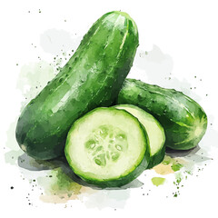 Cute_painting_of_cucumber_slices_on_a_white_Hand-painted watercolor style, vector set available in EPS, vectorized, vegetables set