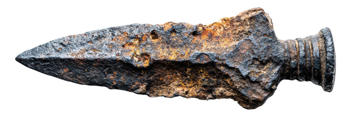 Top view of a rusty blade fragment, isolated on transparent background, archaeological weapon find, high detail