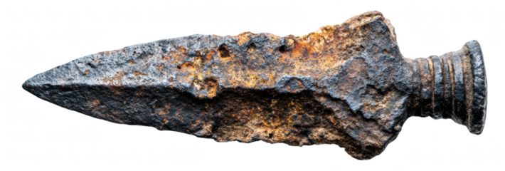 Top view of a rusty blade fragment, isolated on transparent background, archaeological weapon find, high detail