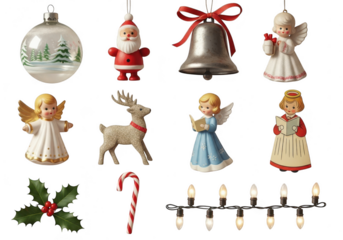 Assortment of traditional christmas decorations and ornaments for holiday season, isolated on transparent background