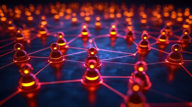 Abstract network of glowing red pawns connected by luminous red lines on a dark blue background