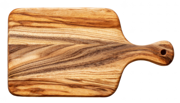 Wooden cutting board isolated on transparent background, kitchen utensil, natural wood texture, clean minimal composition, sharp detail