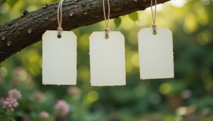 Set of three blank rustic paper gift tags hanging on a tree branch in a sunlit garden, ideal for product mockup or eco-friendly branding