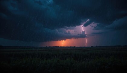 Spectacular lightning storm illuminates a vast open field under a dramatic sky with a breathtaking orange and red sunset glow
