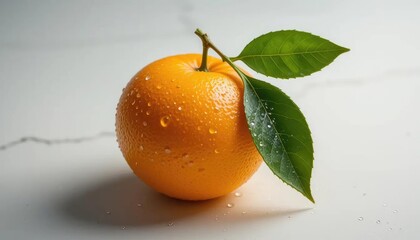 A single fresh orange with water droplets and green leaves on a white marble surface