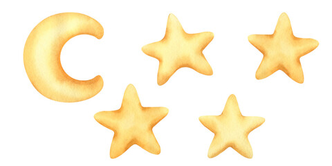 Watercolor set of moon and stars. Kids hand drawn illustration with cute moon and stars. Watercolor sky in Childish style. Cartoon illustration for baby shower, invitations, kids nursery