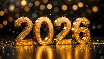 Golden sparkling numbers 2026 with festive bokeh lights on a dark background