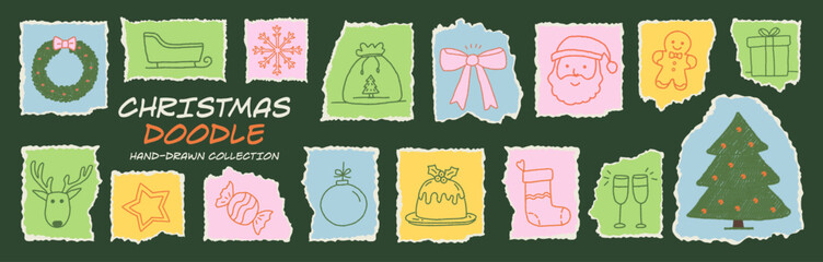 A Christmas vector paper set filled with hand-drawn doodles and crayon scribbles, torn textures, cut-and-tear edges,and creating a cozy scrapbook vibe with wreath, Xmas tree, gift, and festive icons. 