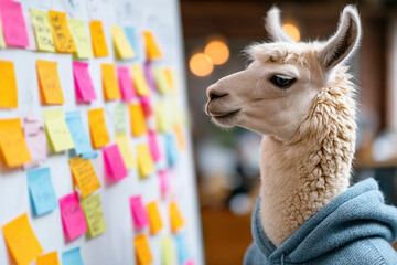 Obraz premium Llama in Hoodie Examines Sticky Notes