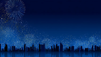 Fireworks illuminate a dark blue night sky over a city skyline silhouette with reflections in the water, creating a vibrant scene of celebration, holidays, and festive events