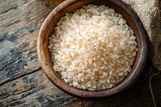 Wooden bowl filled with white rice high resolution picture