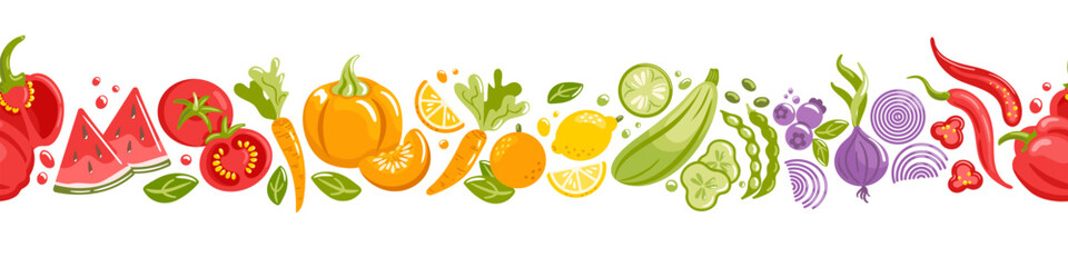 A seamless horizontal border of vibrant fruits and vegetables forming a rainbow arc, crisp geometric shapes, bright gradients, modern vector style.
