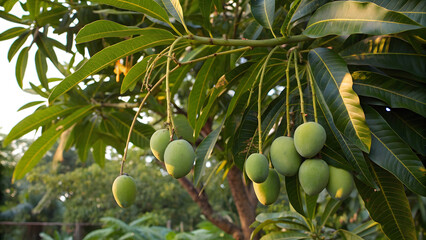 A heavy mango tree branch, thick with glossy, deep-green leaves and clusters of unripe mangoes, basks in soft, golden-hour sunlight filtering through a canopy of tropical foliage